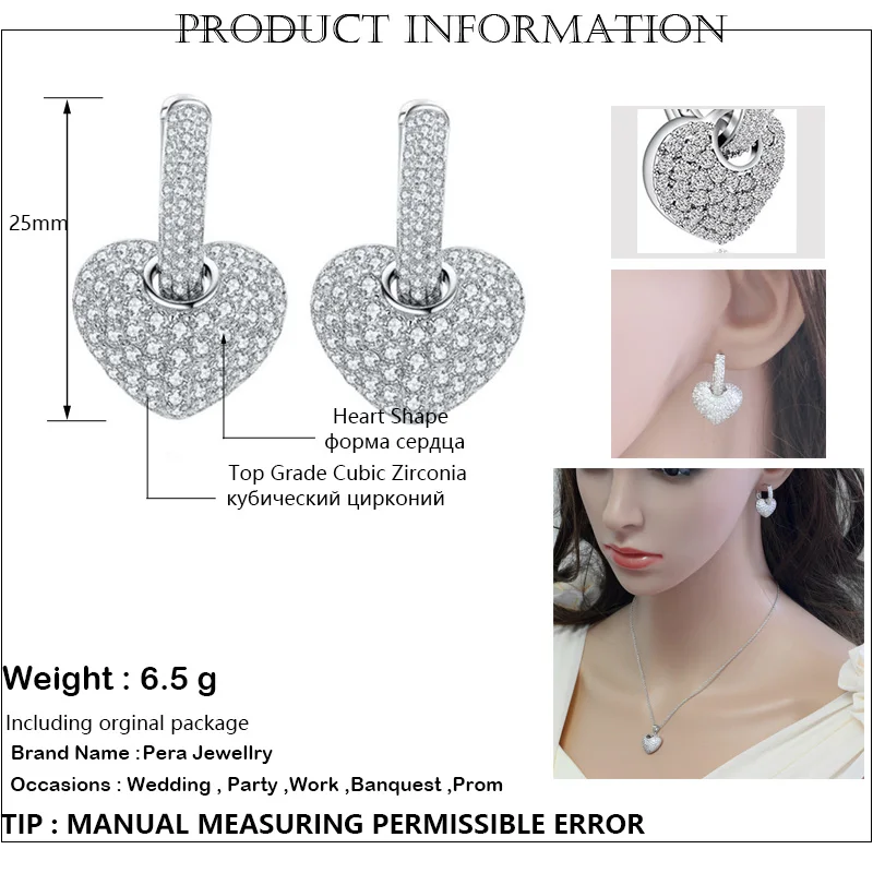 Pera Fashion Korean Cute Style Clear Hoop Cubic Zirconia Paved Rose Gold Color Big Heart Shape Stud Earrings For Women Gift E304