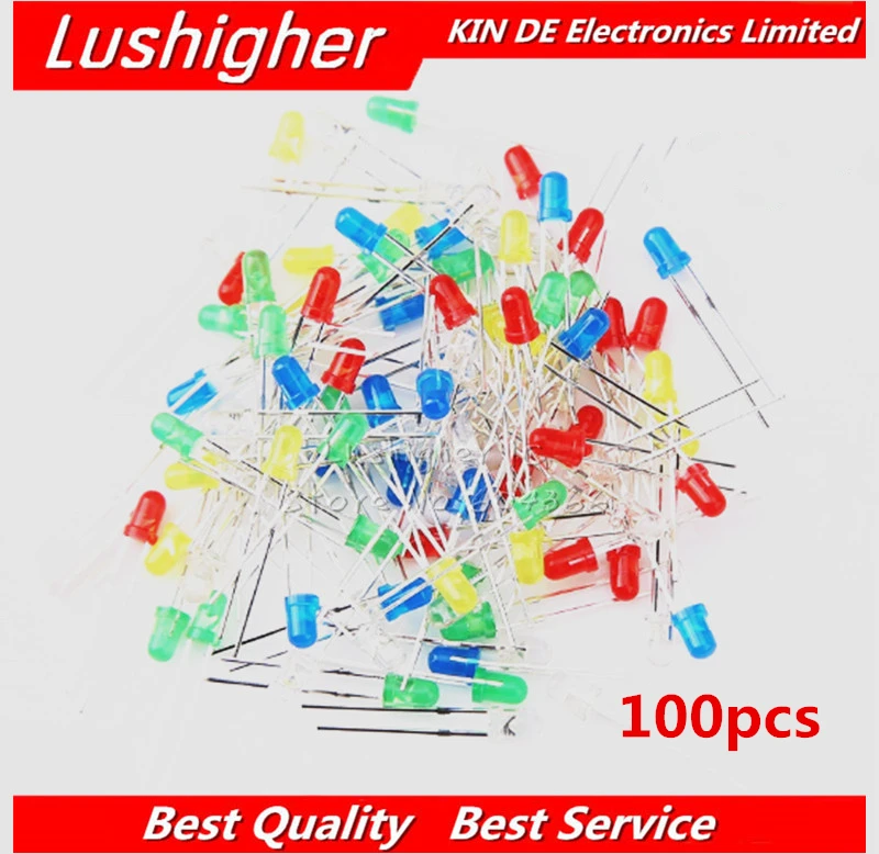 100PCS 3mm LED Diode Light Assorted Kit F3 White Yellow Red Green Blue Component DIY Kit 5Colors*20PCS