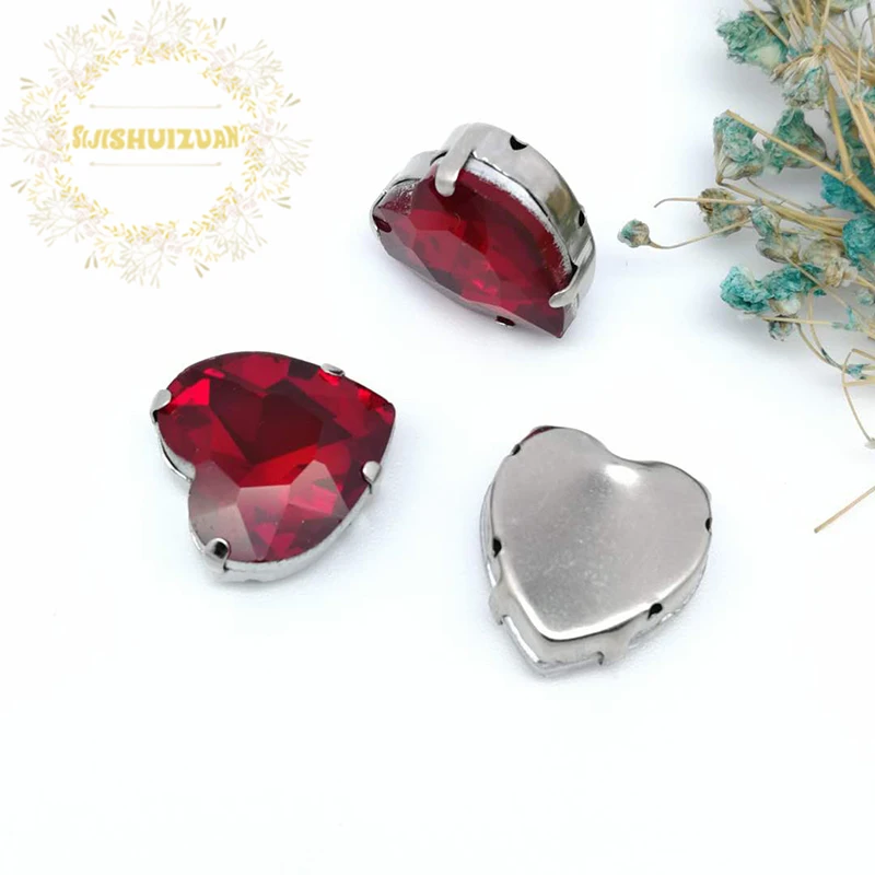 Best-selling! Glitter Red Heart Shape Glass Crystal Sew On Rhinestones With Four Claw Diy Wedding Dress Shoes