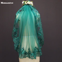 Customized Short Green Wedding Veil with Bling Sequins Single Tier Bridal Veil with Comb Wedding Accessories