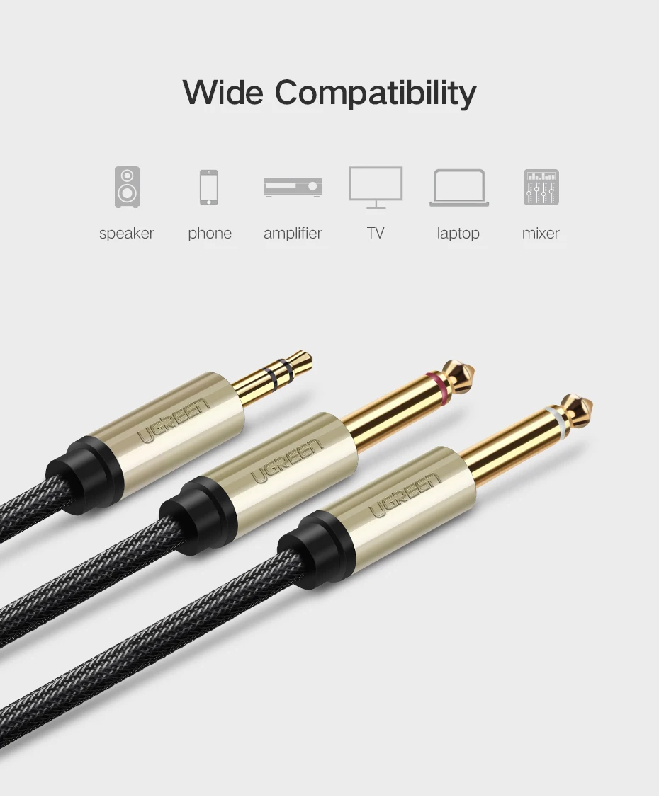 UGREEN 3.5 To 6.35mm Audio Cable For Mixer Amplifier Speaker Gold Plated 6.5mm Jack Male Splitter Line
