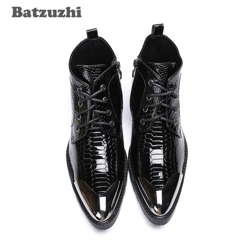 

Batzuzhi Handmade Boots Men Pointed Metal Tip Black Leather Ankle Boots Lace-up Western Fashion Botas Hombre Cool, Big Sizes 46