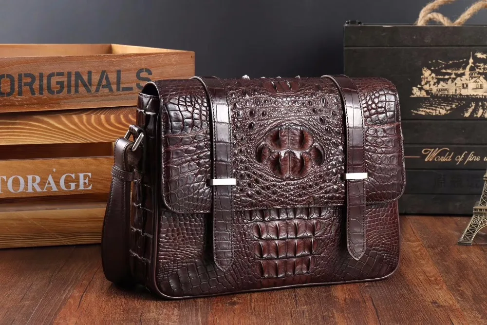 2018  Men's Genuine/Real 100% Crocodile Skin messenger cross body Bag, Crocodile skin leisure Business Men shoulder Bag brown