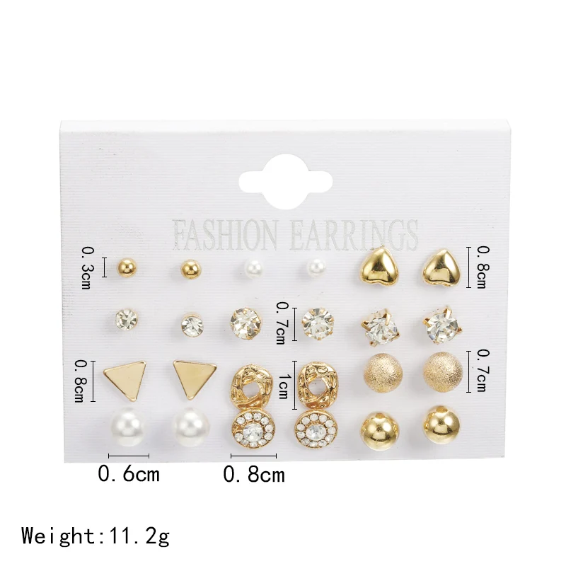 Fashion 12 pair/set Women Square Crystal Heart Stud Earrings For Women Piercing Simulated Pearl Flower Earrings Set Gift Jewelry