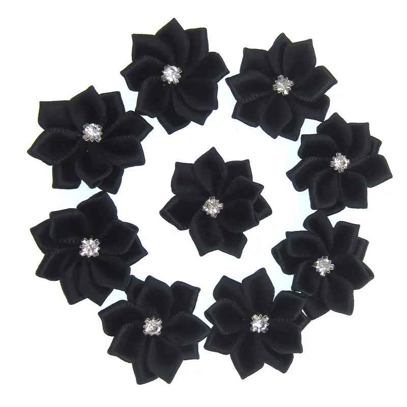 40Pcs Black Small Satin Flowers Fabric Rhinestone Flowers Appliques Sewing Decoration Wedding Garment 2.8cm