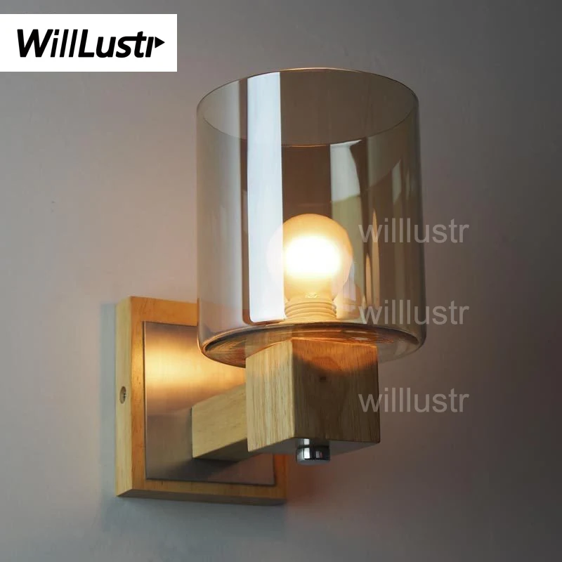 

Willlustr Wood Wall Lamp Modern amber glass light Wall sconce vintage bulb American country vanity light oak wood wall lighting