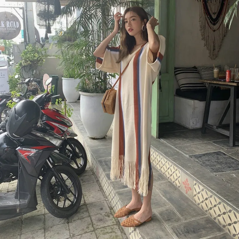 Women Autumn Long Striped Knitted Sweater Dress V Neck Tassel Vestidos Robe Longue Femme Plus Size Sommerkleid Jurken Jurk