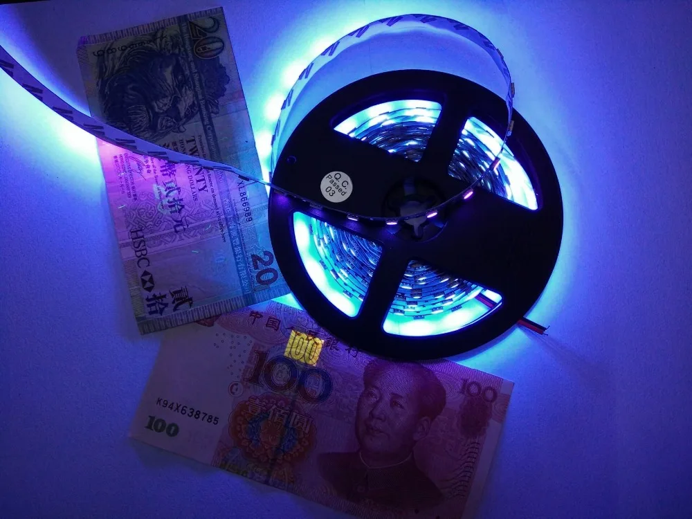 

Free shipping 16.4ft 5M UV Ultraviolet led strip 5050 SMD Purple 300 LED Flex Strip Light Non Warterproof 12V(60 LED/m)