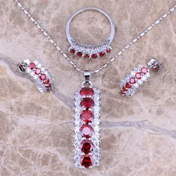 Precious Red Garnet White CZ Silver Plated Jewelry Sets Earrings Pendant Ring Size 6 / 7 / 8 / 9 / 10 S0155