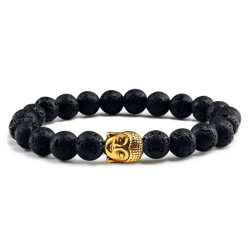 Healing  Buddha Head Prayer Volcanic Lava Natural Stone Strand Bead Bracelet For Men Black Beaded Yoga Women armband Jewelry