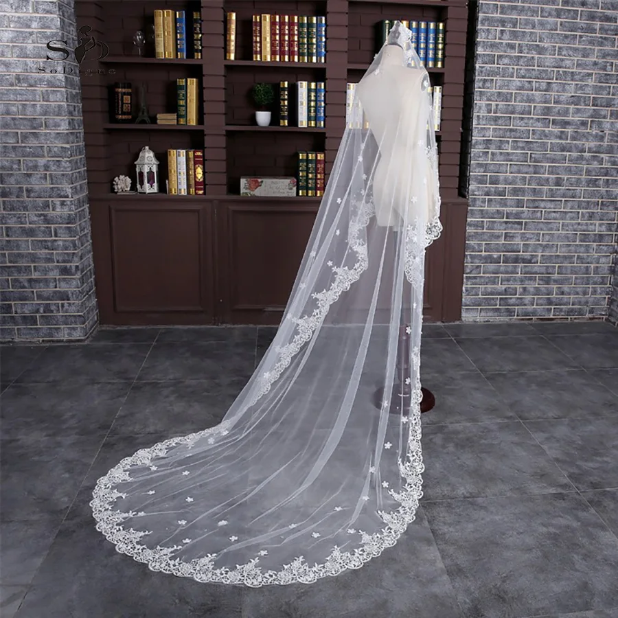 SoDigne Long Lace  with Flowers Wedding Veil White Bridal Veils Wedding Accessories In stock High quality