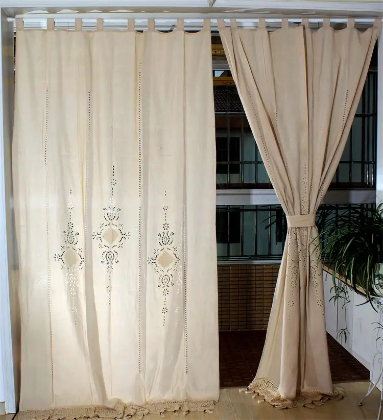 Linen Hollow Solid Curtain Handmade Crochet Bottom Stitching 70% Blackout Window Curtain Customizable for Living Room