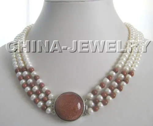 

natural 3row 7-8mm white freshwater pearl & gold sand stone necklace 17"-19" ^^^@^Noble style Natural Fine jewe FREE SHIPPING