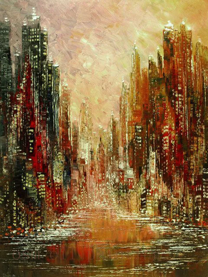 Hand-painted Modern Cityscape Palette Knife Oil Painting on Canvas Handmade Art City Skyline Urban Street large Wall Pictures