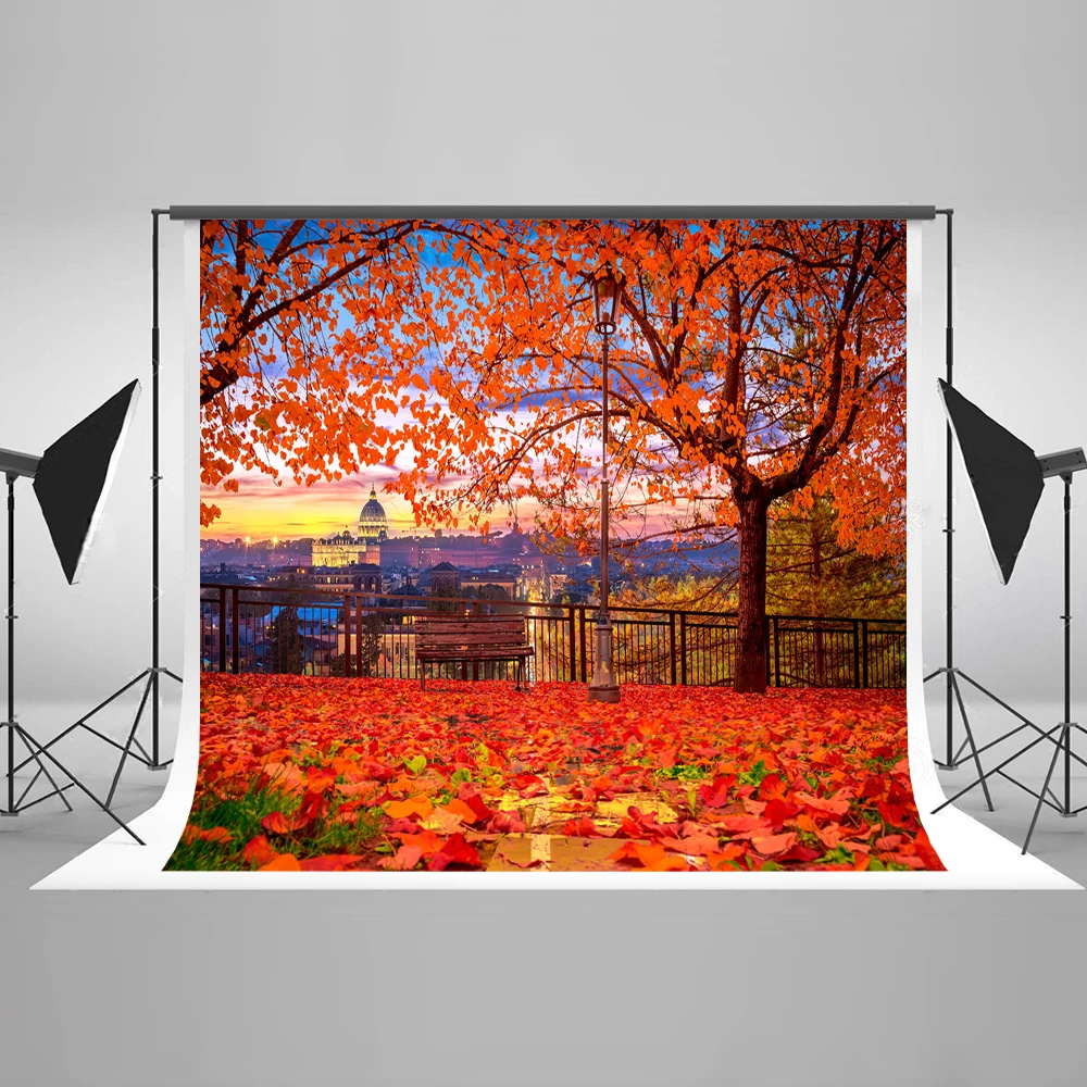 

VinylBDS Fall Red Leaves Children Photography Backdrop 10x10ft Scenic Photography Backdrops City Background