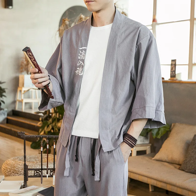 #4204 Spring Summer Thin Vintage Kimono Jacket Men Cotton Linen Black Grey Red Loose Retro Kimono Coat Male Embroidery Plus Size