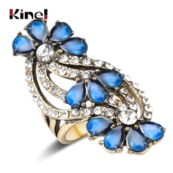 Kinel Blue Big Rings For Women Fashion Antique Gold Crystal Flower Vintage Jewelry Party Band Wedding Ring Accessories Gift