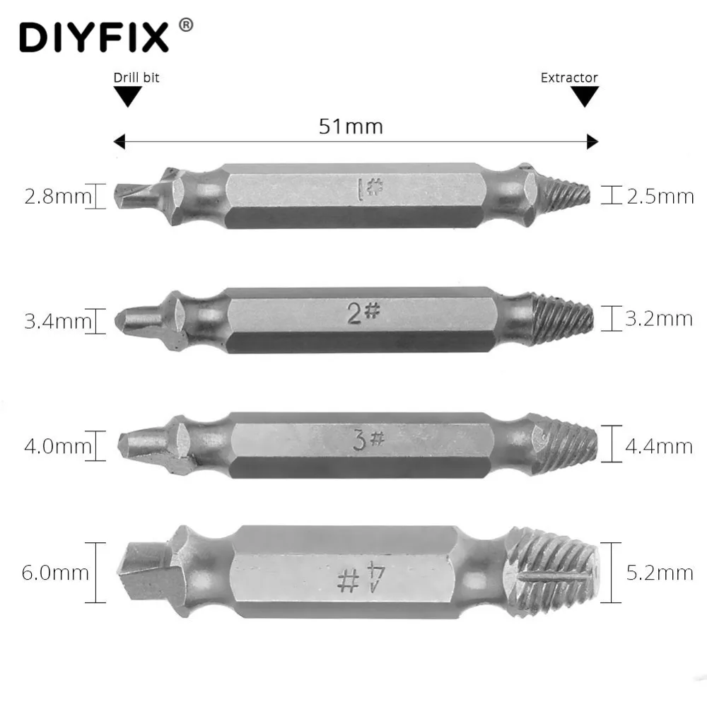 DIYFIX 4Pcs Damaged Screw Extractor Drill Bits Easy Out Guide Set Remove Broken Bolt Set Power Tool Set 1# 2# 3# 4# High Quality