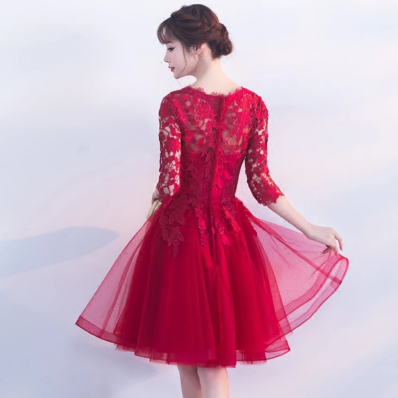 Robe de soiree Wine Red Lace O-Neck half sleeves Tulle evening dress A-Line vestido de festa prom dress Birthday party dresses