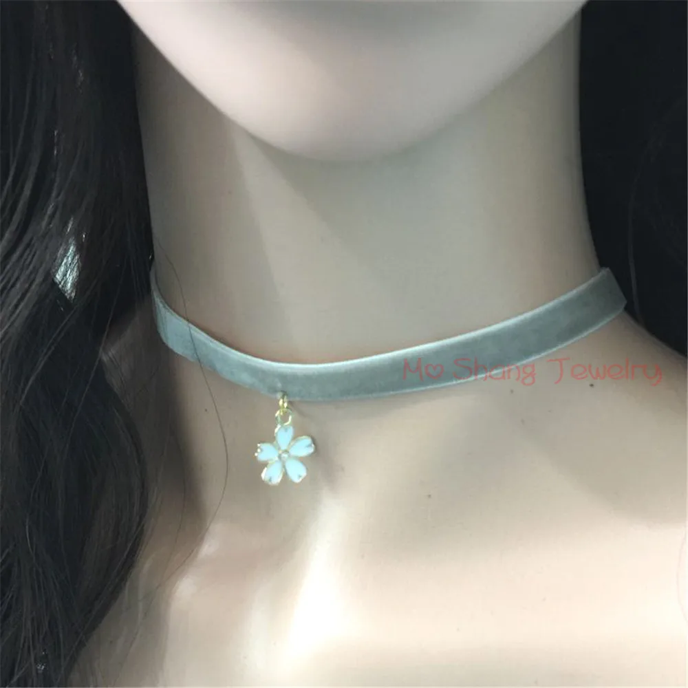 NEW Fashion Cherry Blossoms Pendant Pink Velvet Necklace Statement Sweater Choker Handmade Jewelry Wonderful Gift