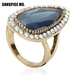 Fashion Women Wedding Ring Ethnic Jewelry Turkish Indian Bridal Water Drop Resin Crystal Ring Antique Gold Color Vintage Bijoux