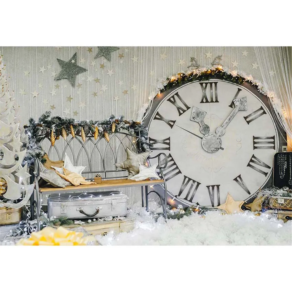 

Baby Newborn Christmas Backdrops Printed Sparkling Big Clock Bench Silver Suitcase Stars Kids Photo Studio Portrait Backgrounds