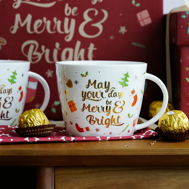 

Merry Christmas Gifts Ceramic Mugs Withe Handgrip Creative 450ml High Quality Bone China Milk Oatmeal Breakfast Girlfriend Gift