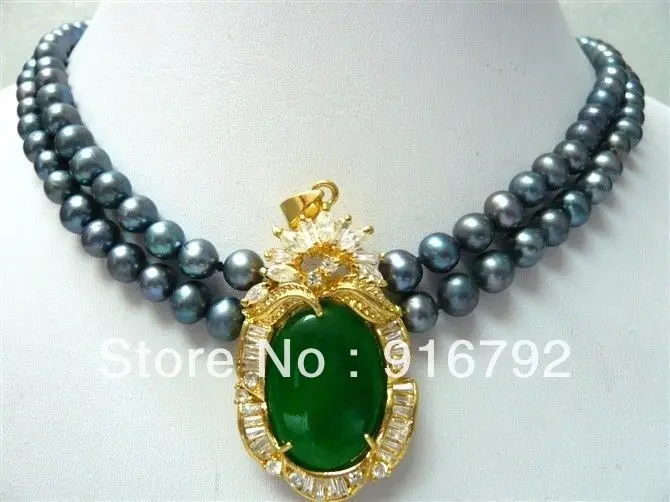 

free shipping 2 row 7-8mm white/black pearl wedding green jade pendant necklace