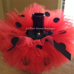 Girls Red Tutu Skirts Baby Handmade Ballet Tulle Pettiskirts with Black Dots Bow and Flower Headband Kids Party Tutus