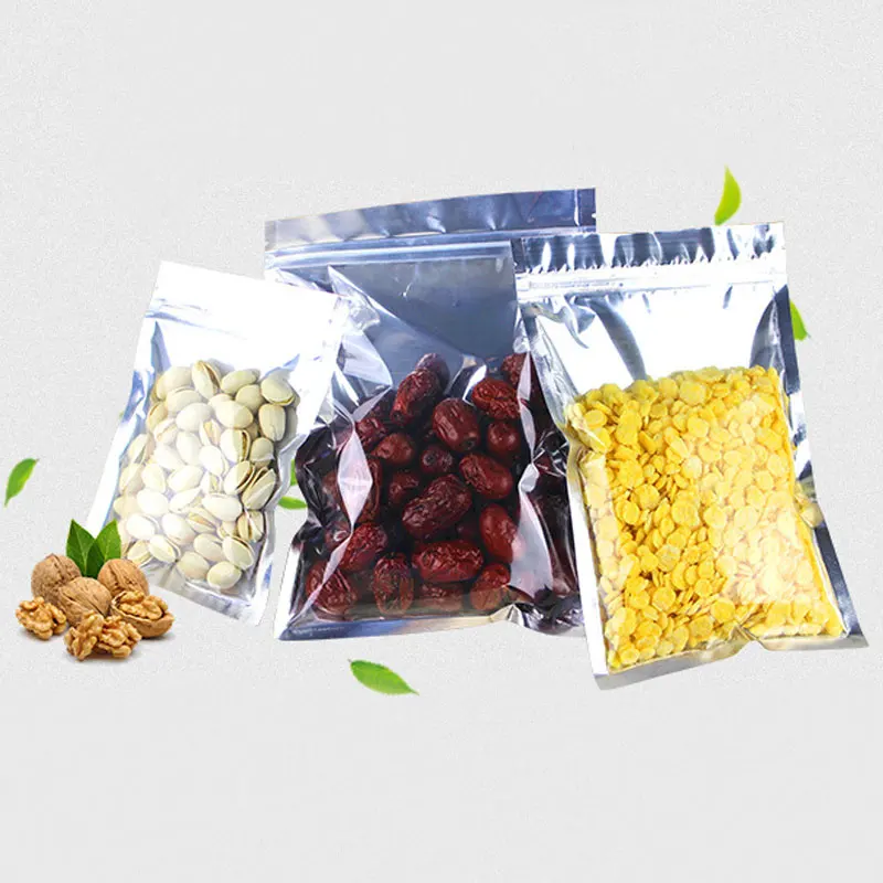 50pcs Clear Aluminium Foil Zip Lock Bag Silvery Metallic Plastic Packaging Pouch for Food Tea Candy Snack Self Seal Storage Bags