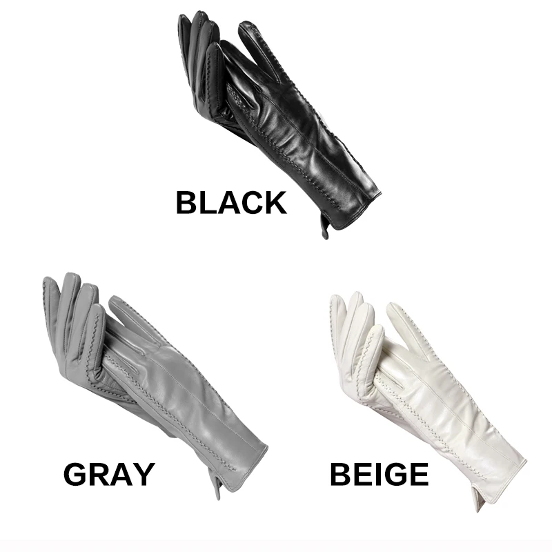 Guantes de cuero de alta calidad para mujer, manoplas sencillas de piel de oveja, color gris claro y cálido, para invierno, female-2226H