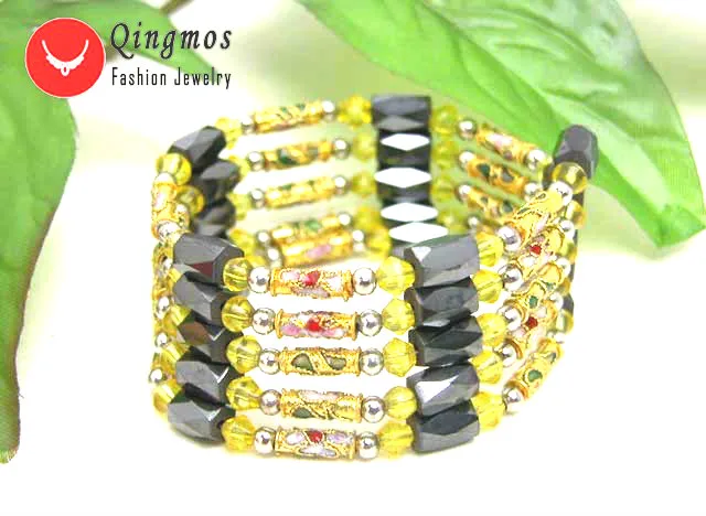 Qingmos Trendy Yellow Cloisonne Bracelet for Women with Black Hematite Magnetic Long 29