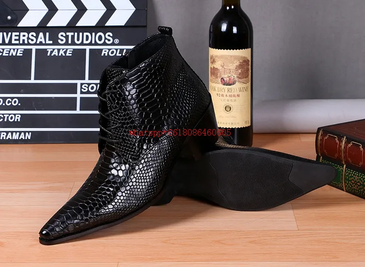 Fashion Brand Design Black Snake Skin Leather Military Boots Pointed Toe High Heels Stud Cowboy Boots Dress Wedding Shoes Man