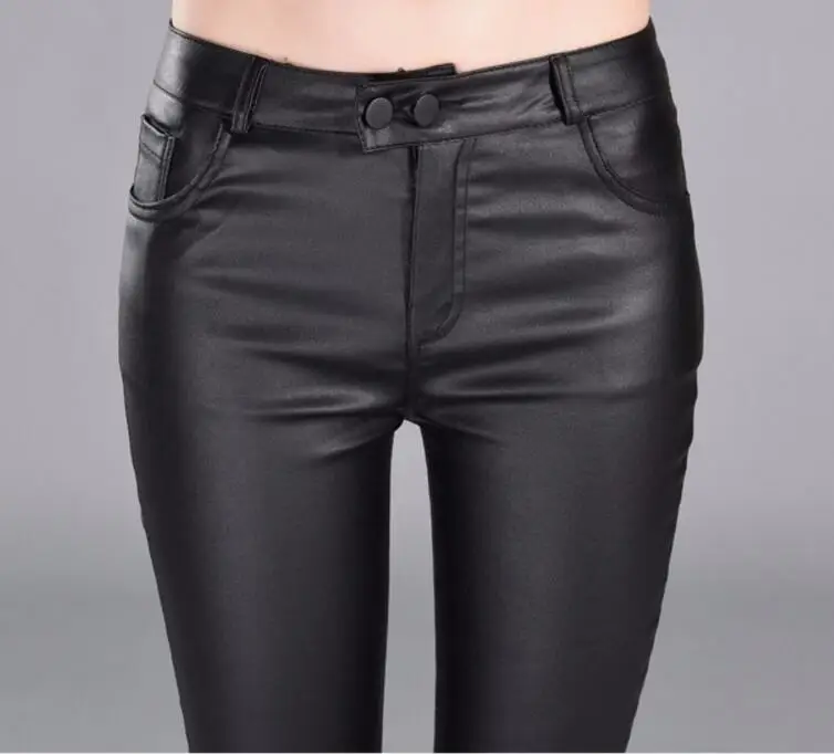 

Autumn Winter women leather pants High Waisted elastic shiny trousers slim female pencil leather pants women pantalon femme