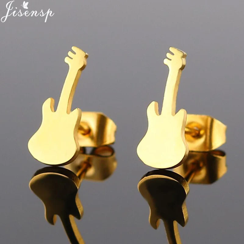 Jisensp Black Guitar Earrings Women Stainless Steel Stud Earring Musical Instrument Violin Earing Female Jewelry Graduation Gift