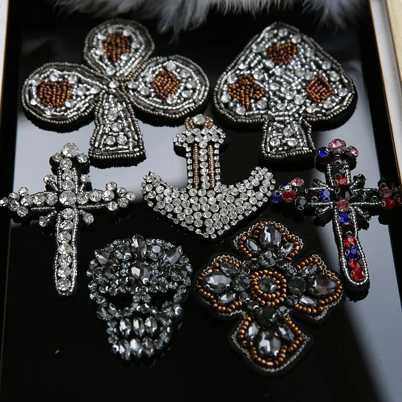 Handmade rhinestone beaded patches for clothing DIY Cross skull sewing patch embroidered applique decorative sequins Parches