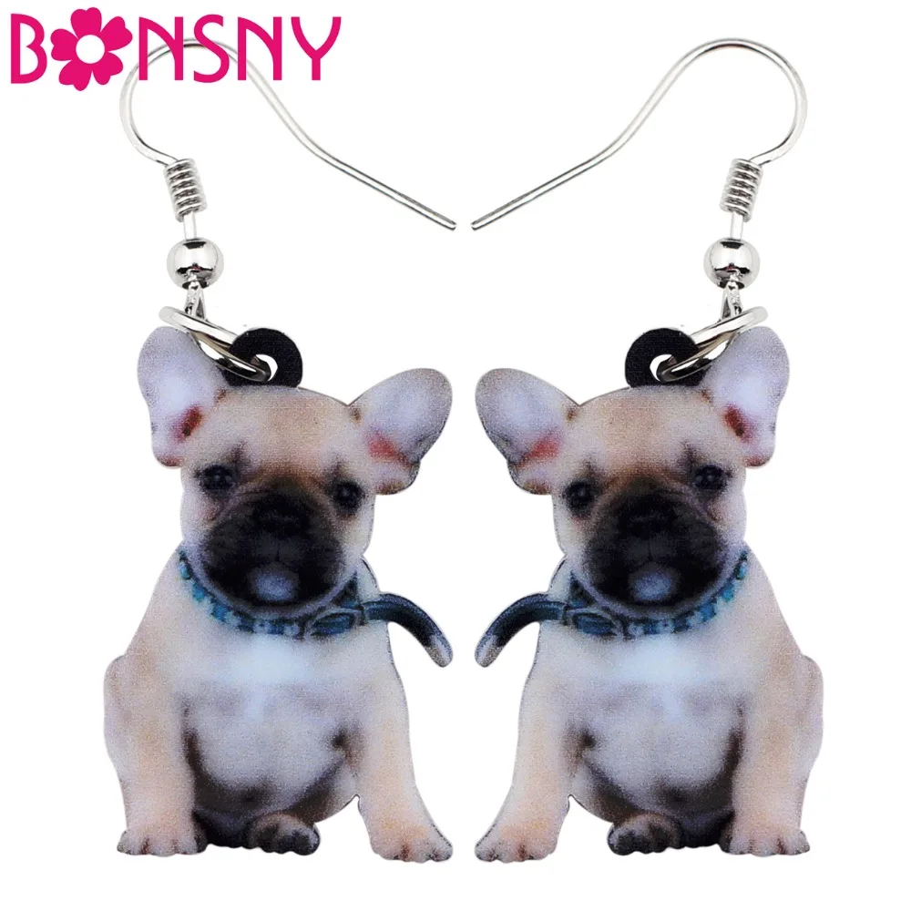 Bonsny Acrylic Cute Sitting Belt French Bulldog Dog Earrings Big Long Dangle Drop Women Girls Ladies Fashion Anime Jewelry Bulk