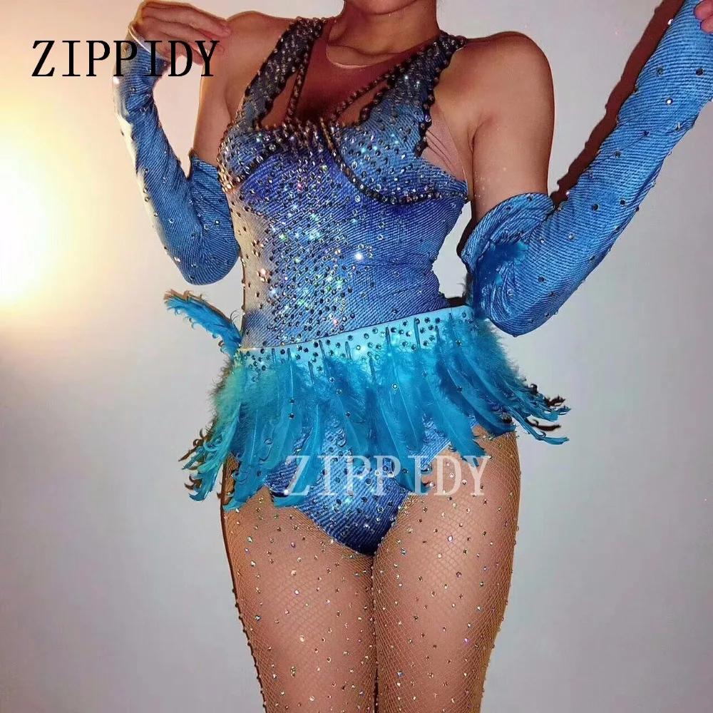 Body Sexy bleu avec plumes et strass, pour discothèque, Gogo Dance, Dj, chanteur, gants, Leotard, tenue de spectacle sur scène, Costume