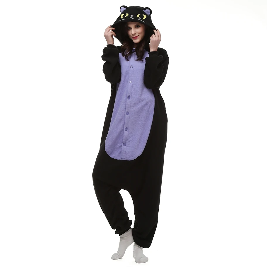 Adults Polar Fleece Kigurumi  Midnight Cat Cosplay Costume Cartoon Onesie Pajamas Halloween Carnival Party Jumpsuit