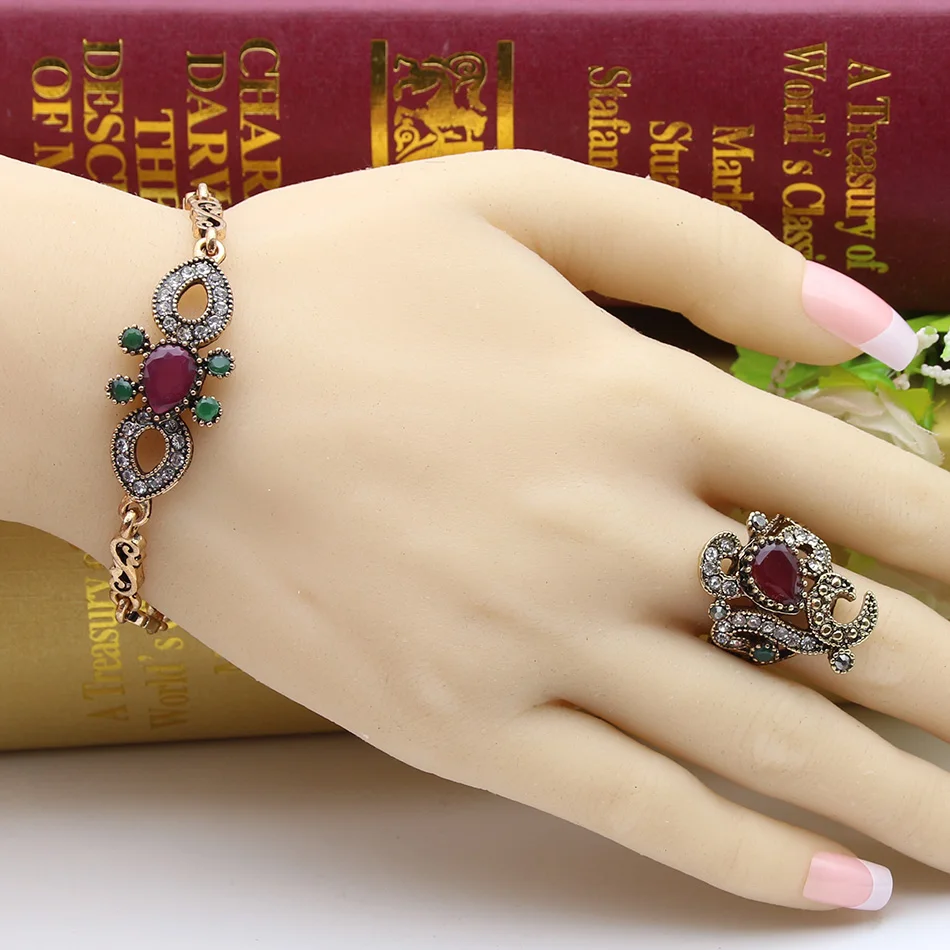 Vintage Turkish Jewelry Sets For Women Retro Gold Color Earring Ring Bracelet Necklace Flower Resin Rhinestone Turkey Jewelry