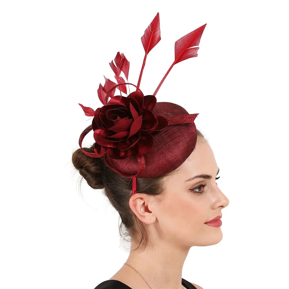 Sombrero de carreras de lino de 4 capas para mujer, sombrero elegante femenino con lazo, rojo vino, Damas, Formal, cena de boda, magnífico