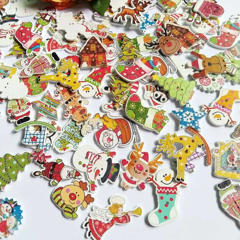 Bulk 50Pcs/lot Mixed Christmas Buttons 2 Holes Wooden Buttons forCraft Scrapbooking Amazing Women DIY Decorative Buttons