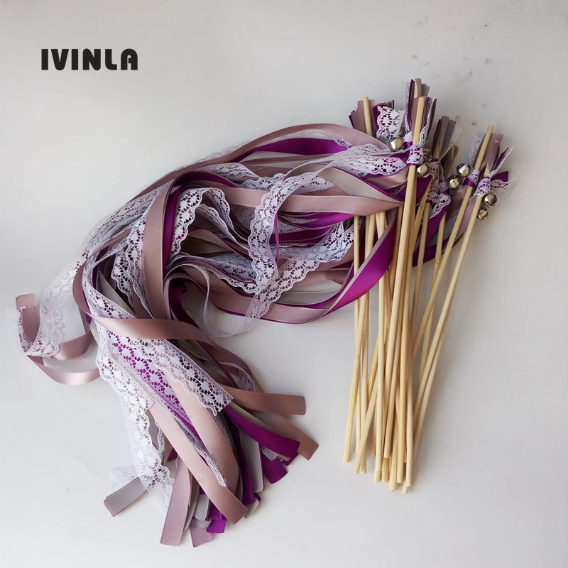 Newest Arrived 3 Ribbons stick  lace wedding wands Purple & grey  Ribbon Birthday Party ,christmas ribbon Sparklers