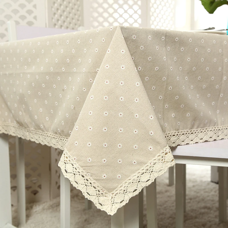 

Thickened Linen Cotton Countryside Floral Tablecloth Lace Hem Splice Washable Coffee Dinner Table Cloth for Wedding Banquet