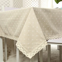 Thickened Linen Cotton Countryside Floral Tablecloth Lace Hem Splice Washable Coffee Dinner Table Cloth for Wedding Banquet