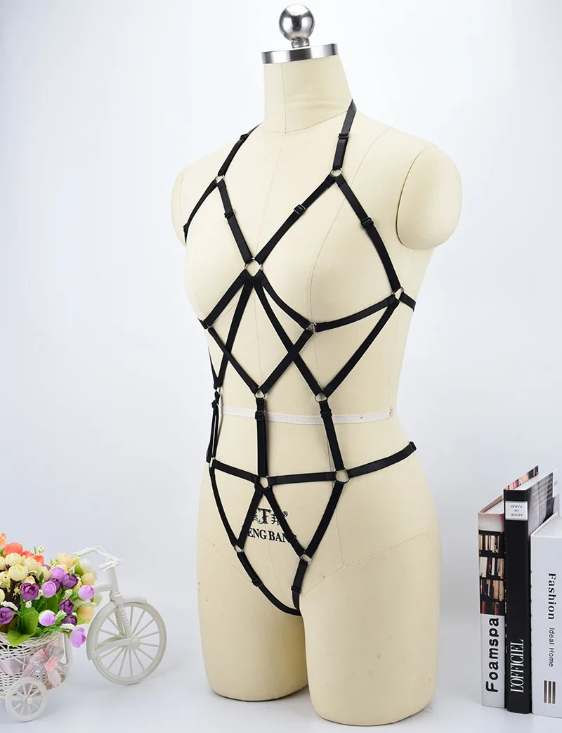 Sexy Black One Piece Body Harness Set Harajuku Punk Body Bondage Harness Bra Fetish Harness Dress Body Cage Harness Panties
