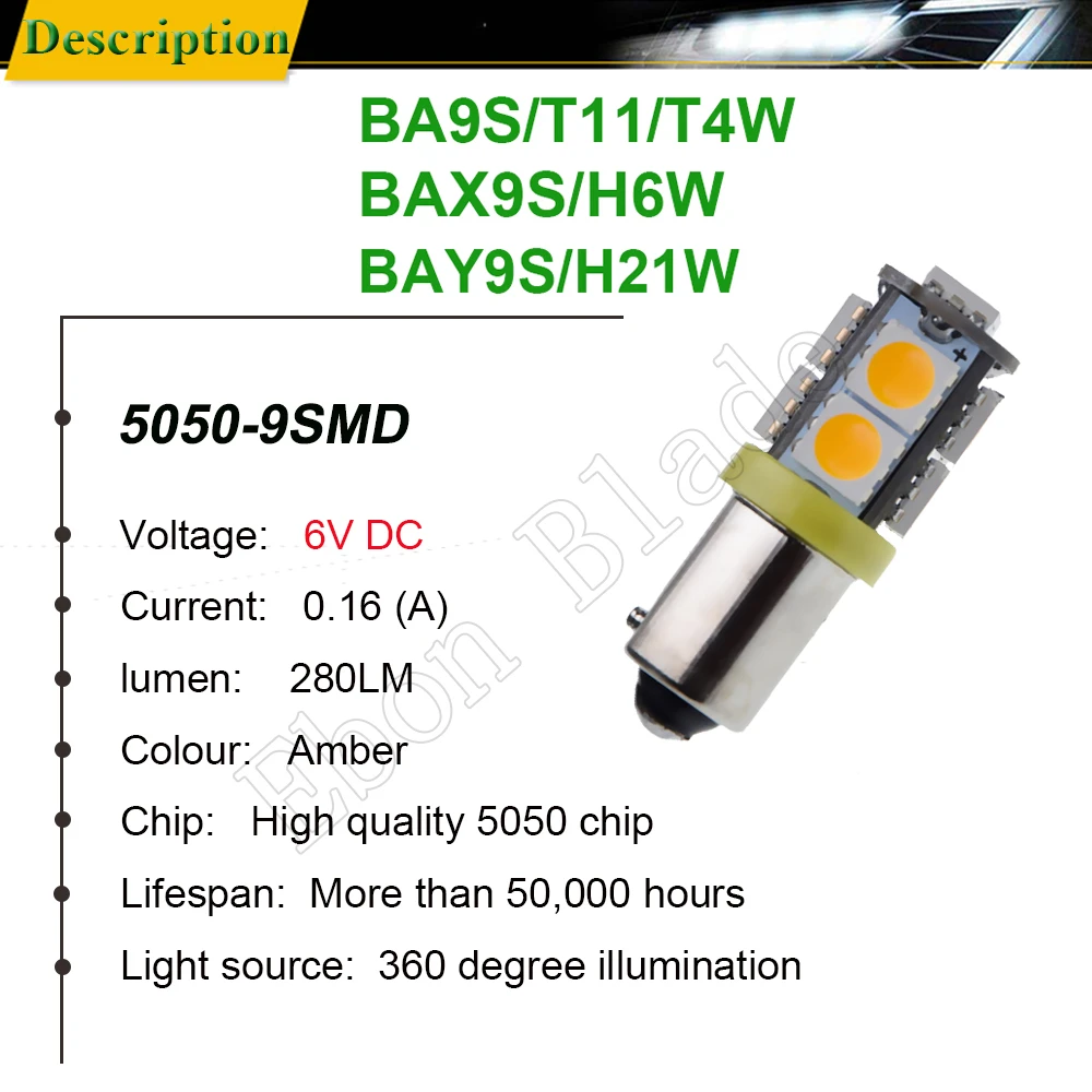 10Pcs BA9S T4W BAX9S H6W BAY9S H21W Car LED Light Warm/White/Amber Yellow 5050 9SMD Auto Styling Light Bulb Lamp 6V 12V 24V DC