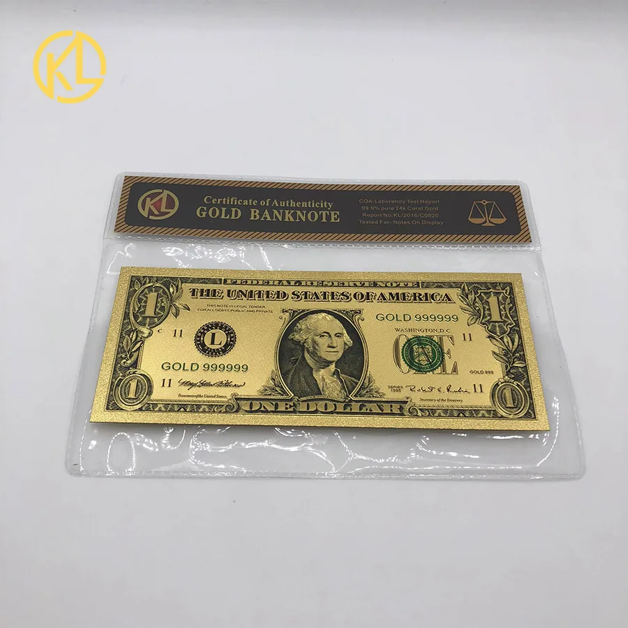 24k金メッキ米国紙幣、コアフレーム、アメリカ1ドル、1個