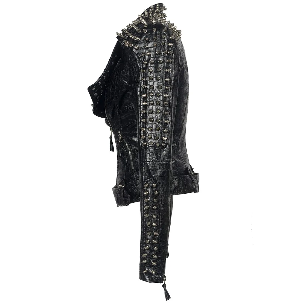 SX Occident Fashion women Club hot style Stud slim fit jacket shoulder rivets zip stitching short PU leather rock coat