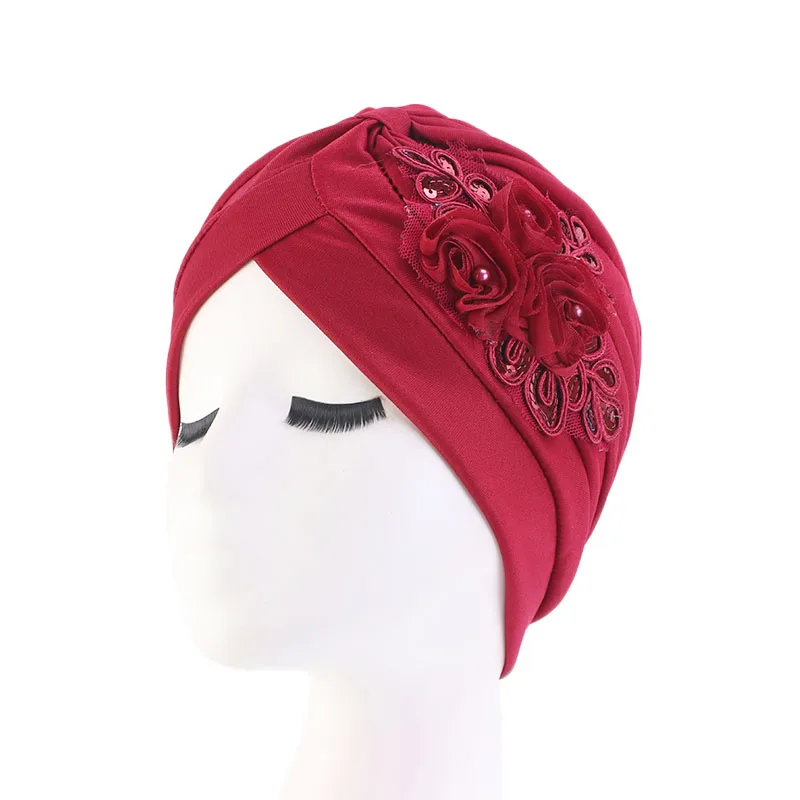 New Flower Decoration Turban Solid Color For Women Fashion Hair Wear Head Wrap Ladies Headwear Cancer Hats India Cap Bandana